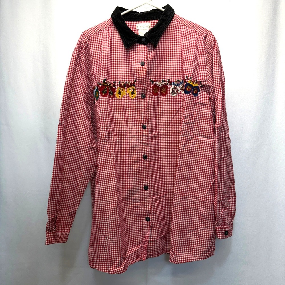Bobbie Brooks Button Down Shirt Women 22W/24W Red Gingham Christmas Sequence